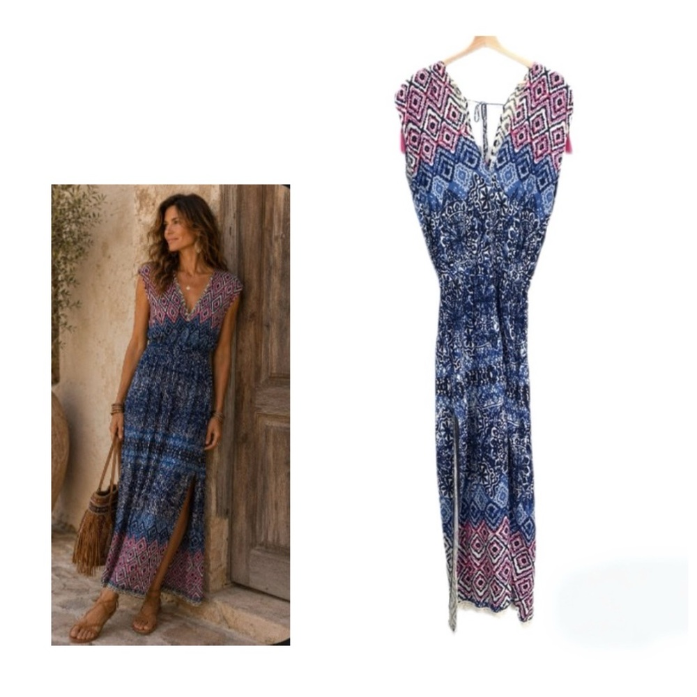 Naudic Sleeveless Blue Pink Boho Print Maxi Dress Tassel Ties Medium Resortwear